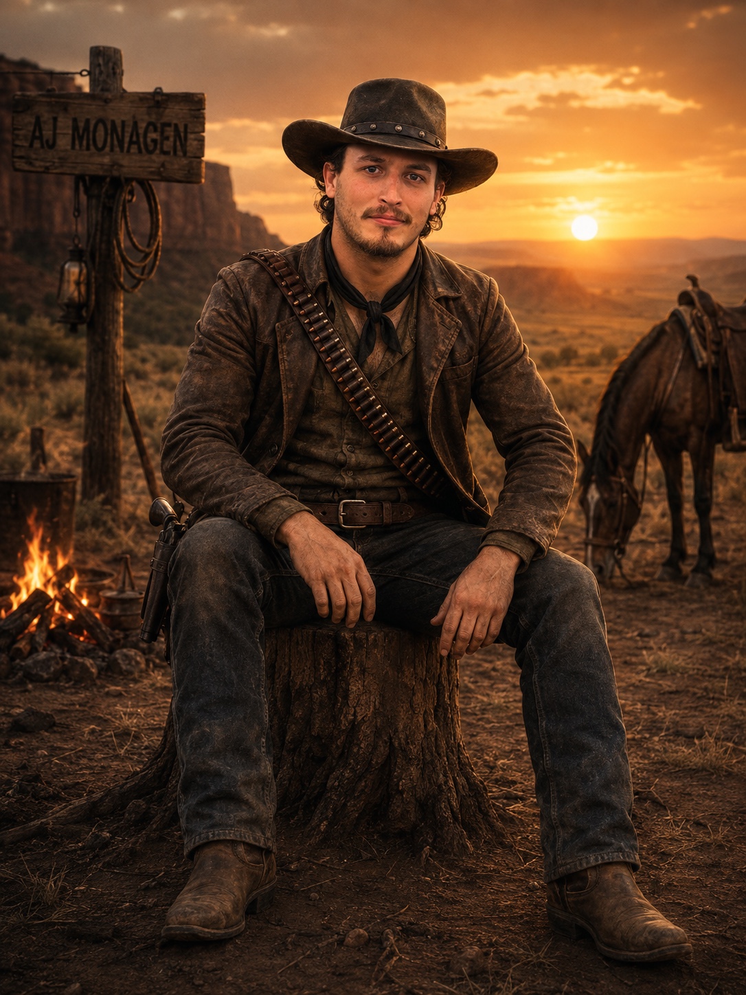 Western parody portrait of AJ Monegan
