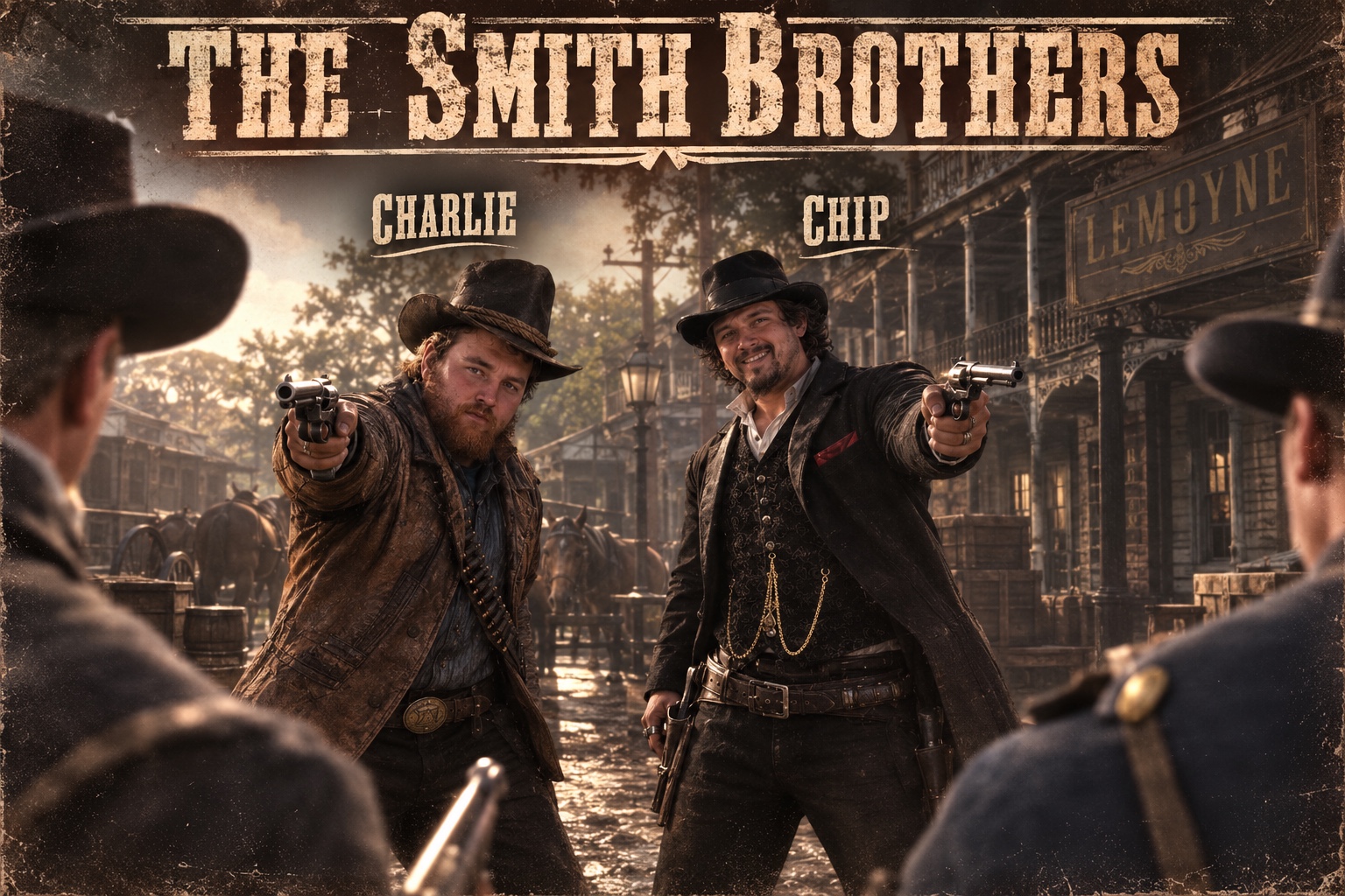 Western parody portrait of Charlie and Chip, the Smith Brothers